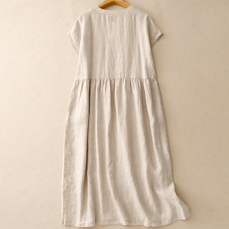 Buddha Stonesカジュアル アーティスティック 無地 シンプルデザイン ハイウエスト 半袖 コットンリネン ミディドレス ポケット付き - image 1