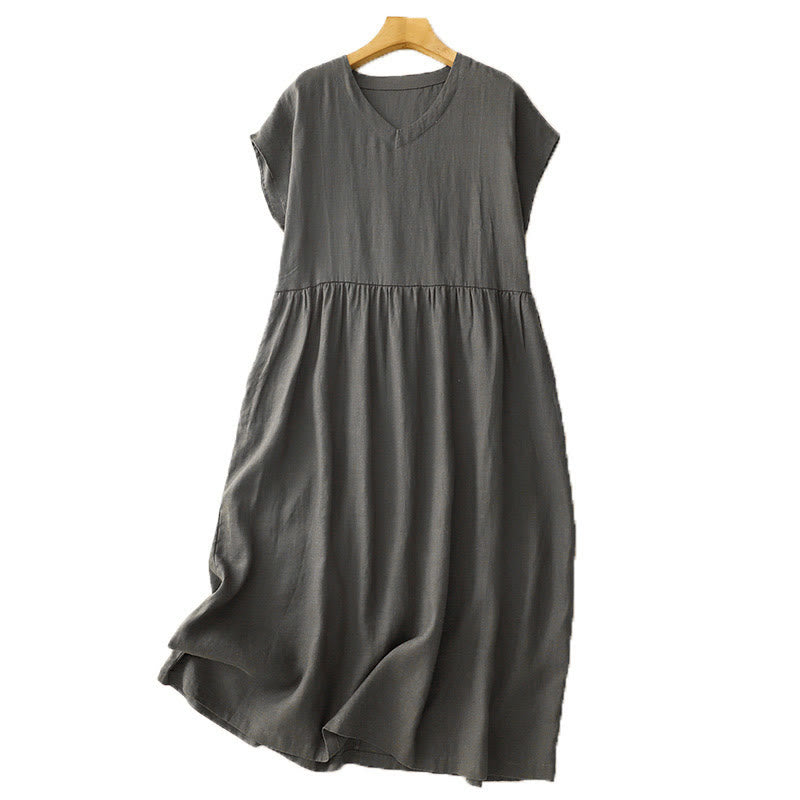 Buddha Stonesカジュアル アーティスティック 無地 シンプルデザイン ハイウエスト 半袖 コットンリネン ミディドレス ポケット付き - image 13