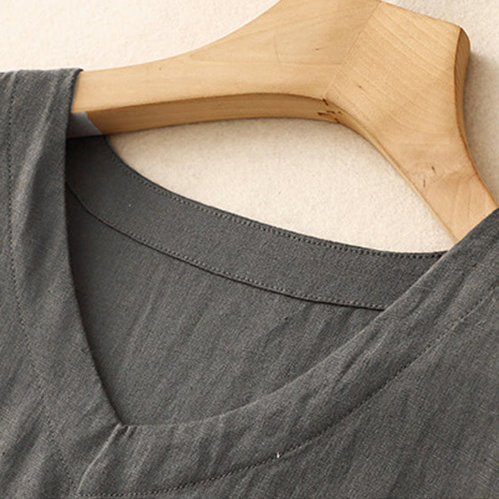 Buddha Stonesカジュアル アーティスティック 無地 シンプルデザイン ハイウエスト 半袖 コットンリネン ミディドレス ポケット付き - image 9