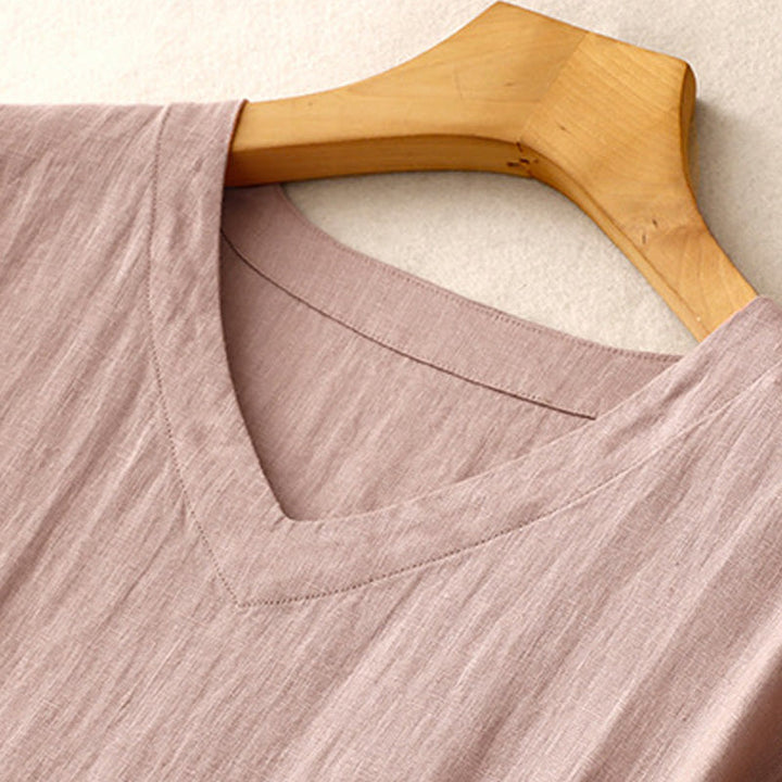 Buddha Stonesカジュアル アーティスティック 無地 シンプルデザイン ハイウエスト 半袖 コットンリネン ミディドレス ポケット付き - image 15