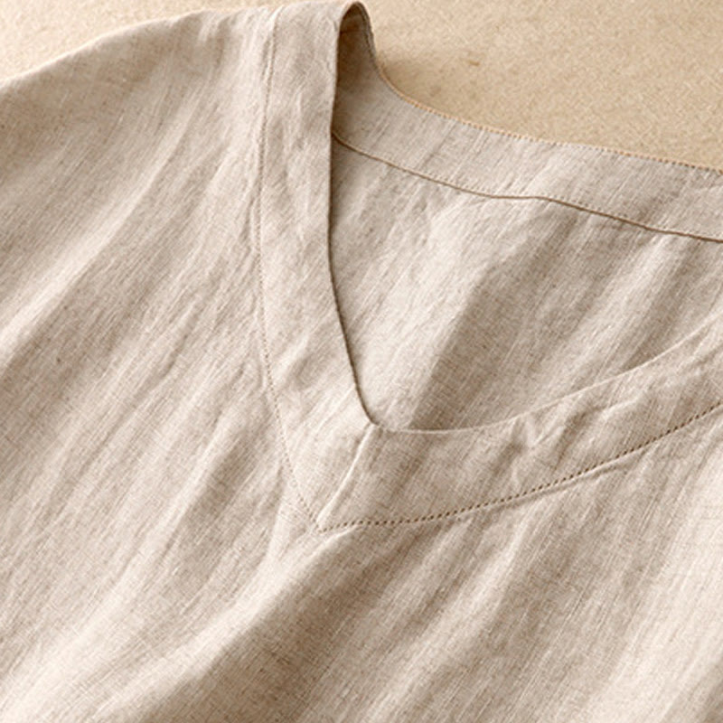 Buddha Stonesカジュアル アーティスティック 無地 シンプルデザイン ハイウエスト 半袖 コットンリネン ミディドレス ポケット付き - image 2