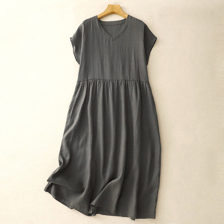Buddha Stonesカジュアル アーティスティック 無地 シンプルデザイン ハイウエスト 半袖 コットンリネン ミディドレス ポケット付き - スレートグレー - US8-10，UK/AU12-14，EU40-42 (2XL) - image 8