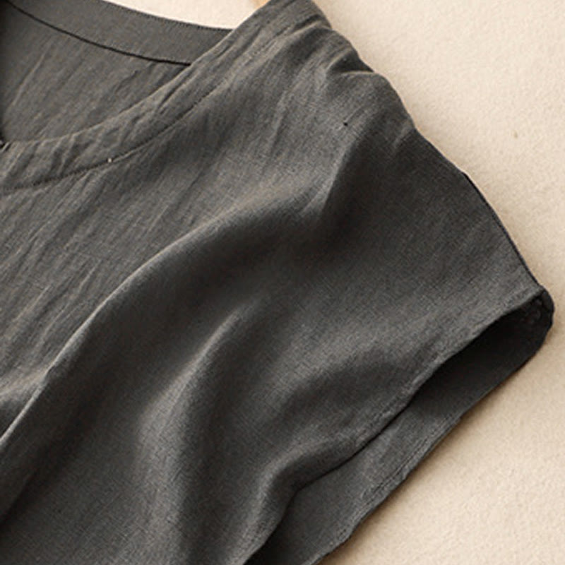 Buddha Stonesカジュアル アーティスティック 無地 シンプルデザイン ハイウエスト 半袖 コットンリネン ミディドレス ポケット付き - image 10