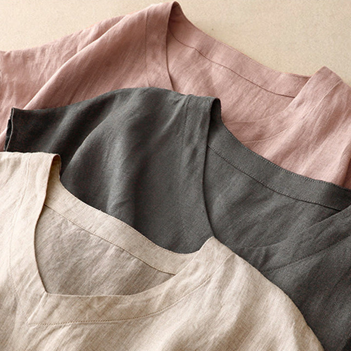 Buddha Stonesカジュアル アーティスティック 無地 シンプルデザイン ハイウエスト 半袖 コットンリネン ミディドレス ポケット付き - image 20