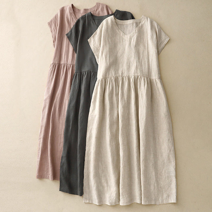 Buddha Stonesカジュアル アーティスティック 無地 シンプルデザイン ハイウエスト 半袖 コットンリネン ミディドレス ポケット付き - image 19