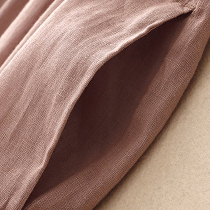 Buddha Stonesカジュアル アーティスティック 無地 シンプルデザイン ハイウエスト 半袖 コットンリネン ミディドレス ポケット付き - image 18