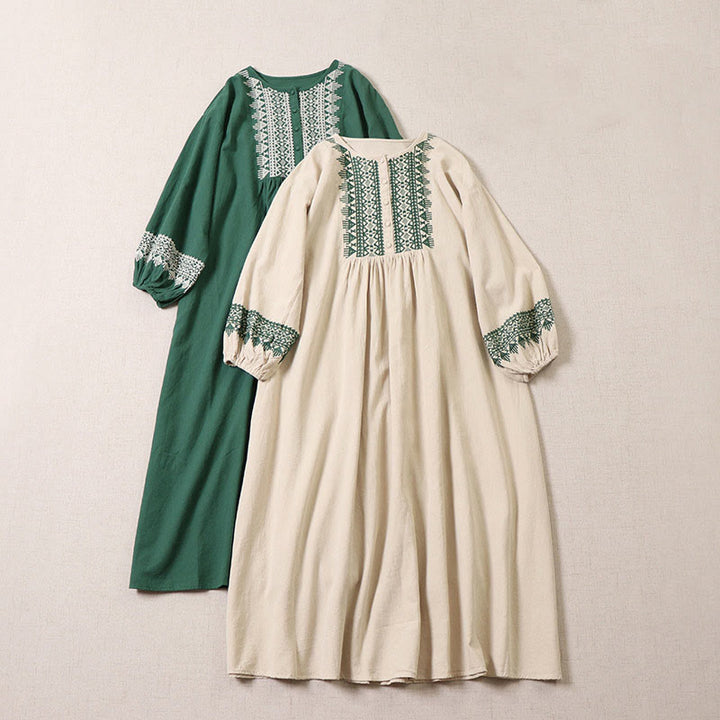 Buddha Stonesカジュアル アーティスティック 幾何学模様 刺繍 ボタンフロント ロング ランタンスリーブ コットンリネン ミディドレス - image 19