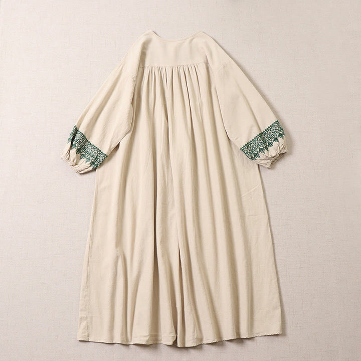 Buddha Stonesカジュアル アーティスティック 幾何学模様刺繍 ボタンフロント 長袖 ランタンスリーブ ミディドレス - image 8