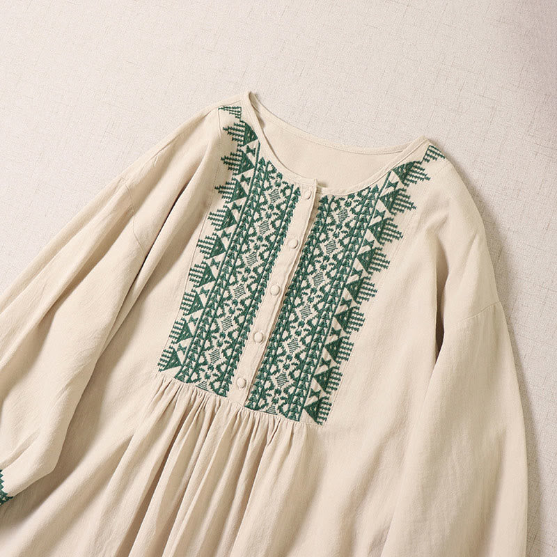Buddha Stonesカジュアル アーティスティック 幾何学模様 刺繍 ボタンフロント ロング ランタンスリーブ コットンリネン ミディドレス - image 9