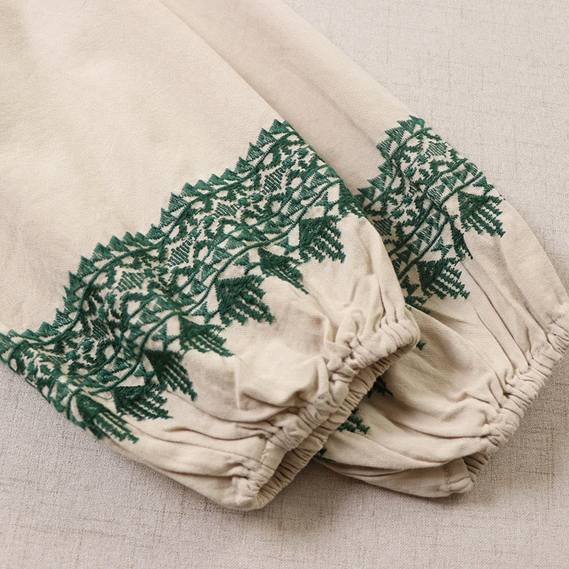 Buddha Stonesカジュアル アーティスティック 幾何学模様 刺繍 ボタンフロント ロング ランタンスリーブ コットンリネン ミディドレス - image 17