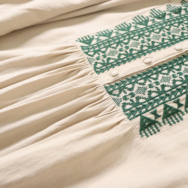 Buddha Stonesカジュアル アーティスティック 幾何学模様 刺繍 ボタンフロント ロング ランタンスリーブ コットンリネン ミディドレス - image 16