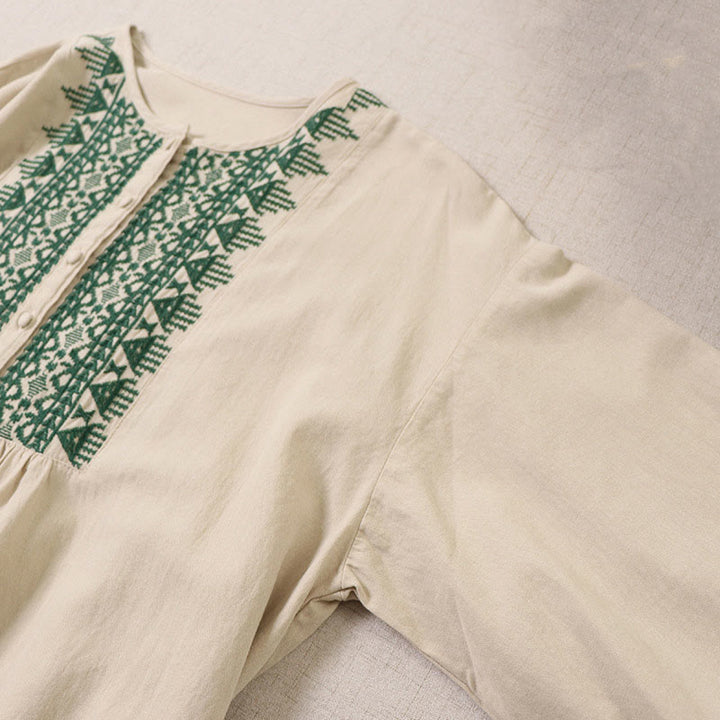 Buddha Stonesカジュアル アーティスティック 幾何学模様 刺繍 ボタンフロント ロング ランタンスリーブ コットンリネン ミディドレス - image 11