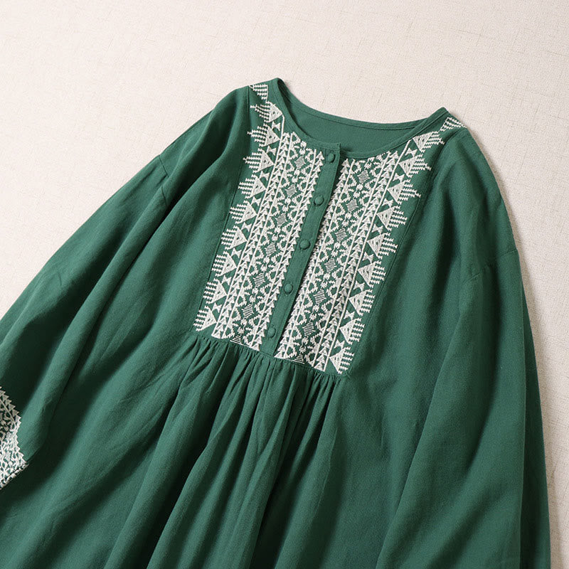 Buddha Stonesカジュアル アーティスティック 幾何学模様 刺繍 ボタンフロント ロング ランタンスリーブ コットンリネン ミディドレス - image 1