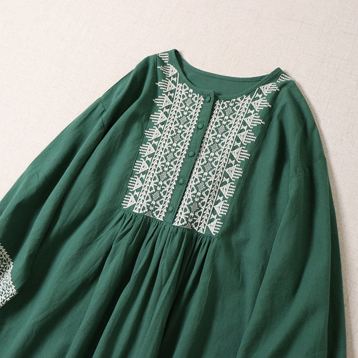 Buddha Stonesカジュアル アーティスティック 幾何学模様 刺繍 ボタンフロント ロング ランタンスリーブ コットンリネン ミディドレス - image 1