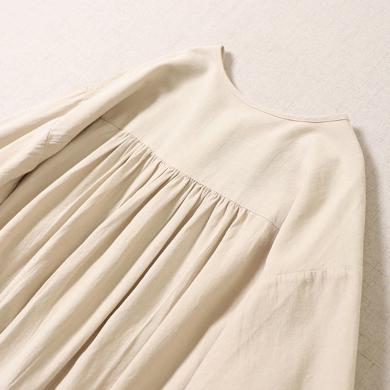 Buddha Stonesカジュアル アーティスティック 幾何学模様 刺繍 ボタンフロント ロング ランタンスリーブ コットンリネン ミディドレス - image 12