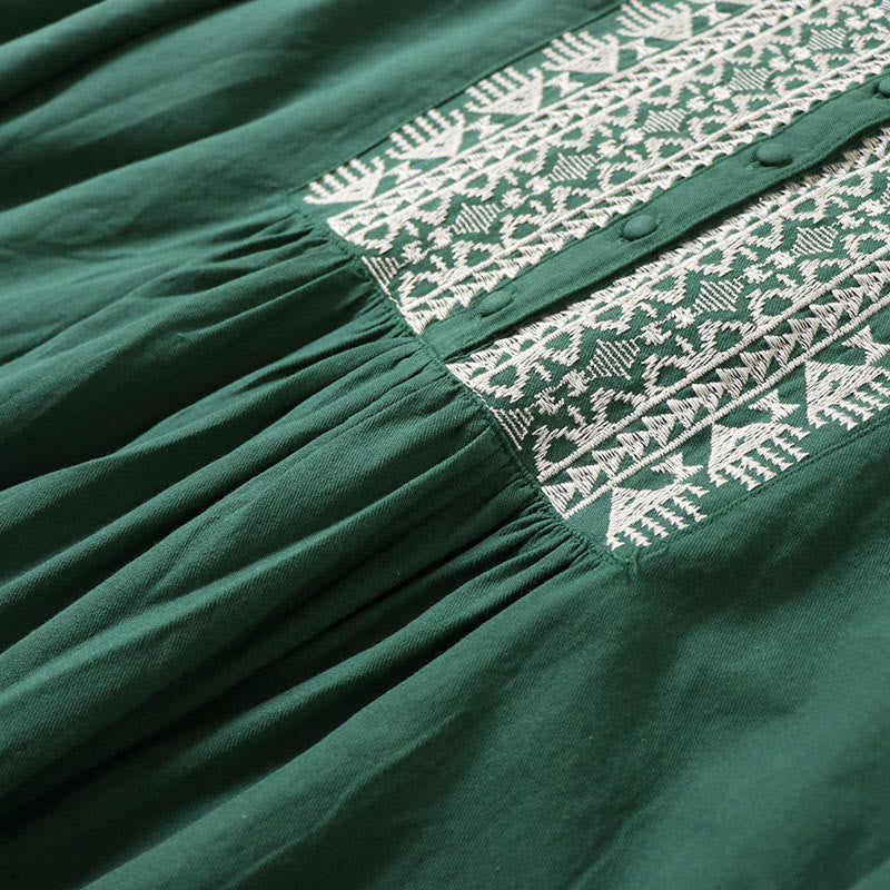 Buddha Stonesカジュアル アーティスティック 幾何学模様 刺繍 ボタンフロント ロング ランタンスリーブ コットンリネン ミディドレス - image 4