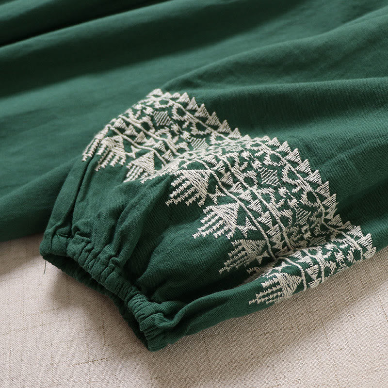 Buddha Stonesカジュアル アーティスティック 幾何学模様 刺繍 ボタンフロント ロング ランタンスリーブ コットンリネン ミディドレス - image 5