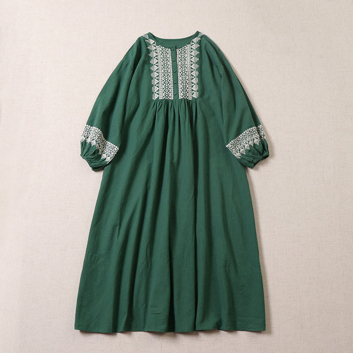 Buddha Stonesカジュアル アーティスティック 幾何学模様刺繍 ボタンフロント 長袖 ランタンスリーブ ミディドレス - シーグリーン - US8-10，UK/AU12-14，EU40-42 (2XL) - image 0
