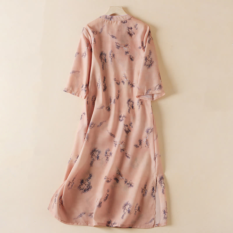 Buddha Stones夏 ヴィンテージプリント 花柄 斜めボタン スタンドカラーデザイン 半袖 コットン チャイナドレス ポケット付き - image 1