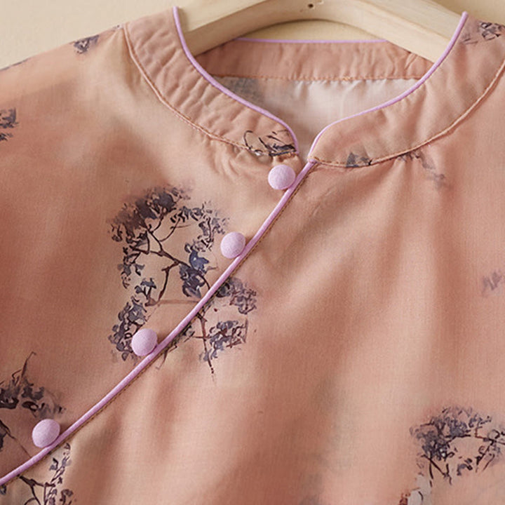 Buddha Stones夏 ヴィンテージプリント 花柄 斜めボタン スタンドカラーデザイン 半袖 コットン チャイナドレス ポケット付き - image 2