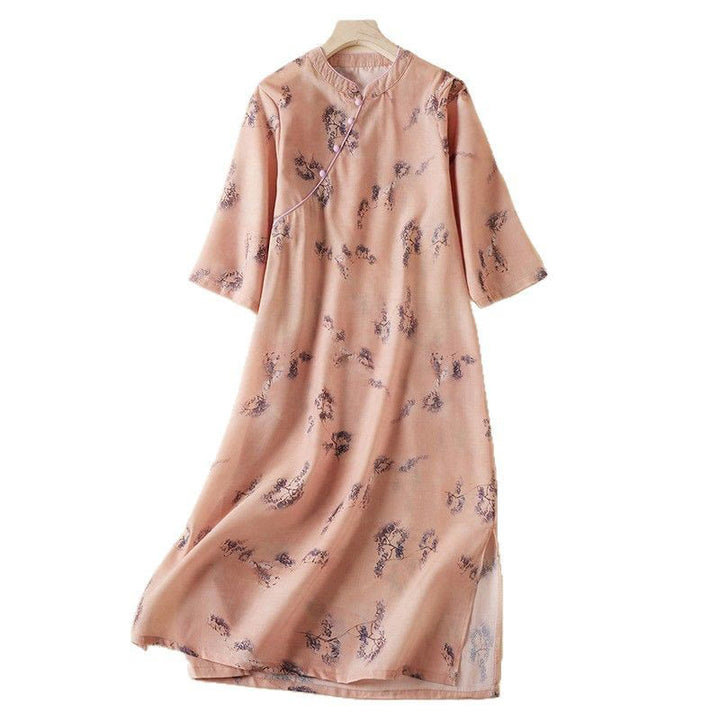 Buddha Stones夏 ヴィンテージプリント 花柄 斜めボタン スタンドカラーデザイン 半袖 コットン チャイナドレス ポケット付き - image 7