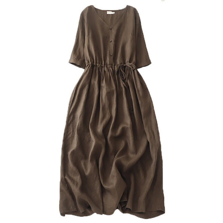 Buddha Stonesヴィンテージ カジュアル 無地 プリーツ ドローストリングデザイン 半袖 コットンリネン ミディドレス ポケット付き - サドルブラウン - US8-10，UK/AU12-14，EU40-42 (2XL) - image 0