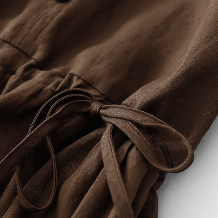 Buddha Stonesヴィンテージ カジュアル 無地 プリーツ ドローストリングデザイン 半袖 コットンリネン ミディドレス ポケット付き - image 3