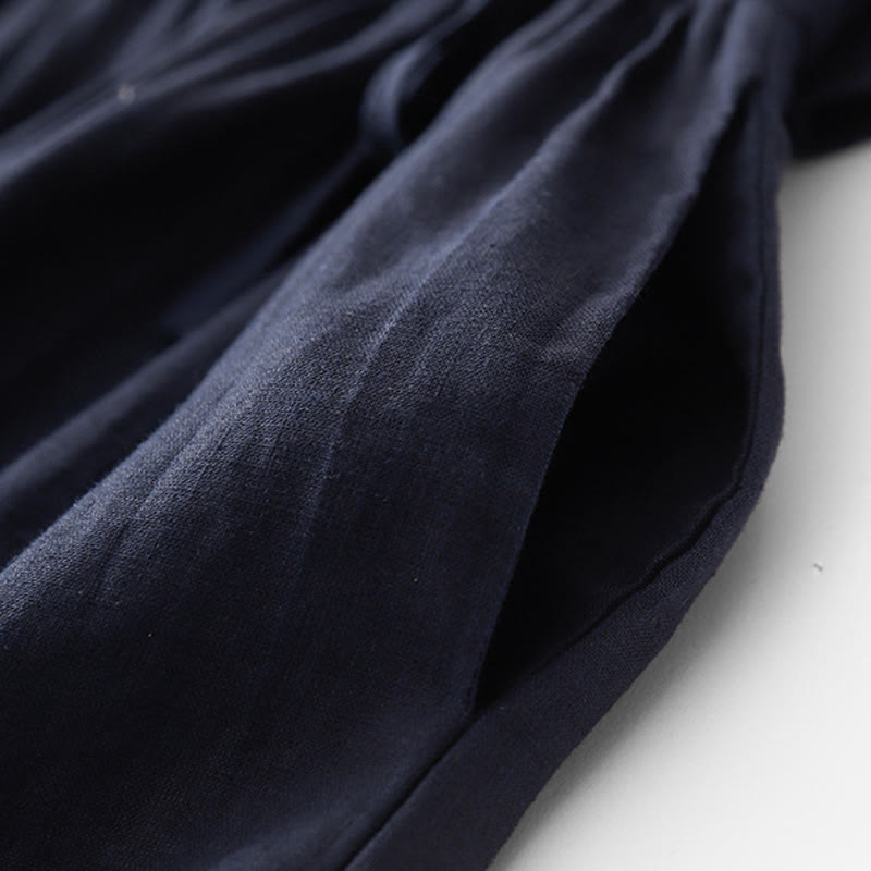 Buddha Stonesヴィンテージ カジュアル 無地 プリーツ ドローストリングデザイン 半袖 コットンリネン ミディドレス ポケット付き - image 14