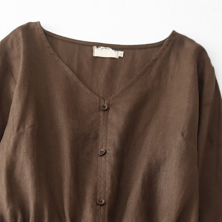 Buddha Stonesヴィンテージ カジュアル 無地 プリーツ ドローストリングデザイン 半袖 コットンリネン ミディドレス ポケット付き - image 2