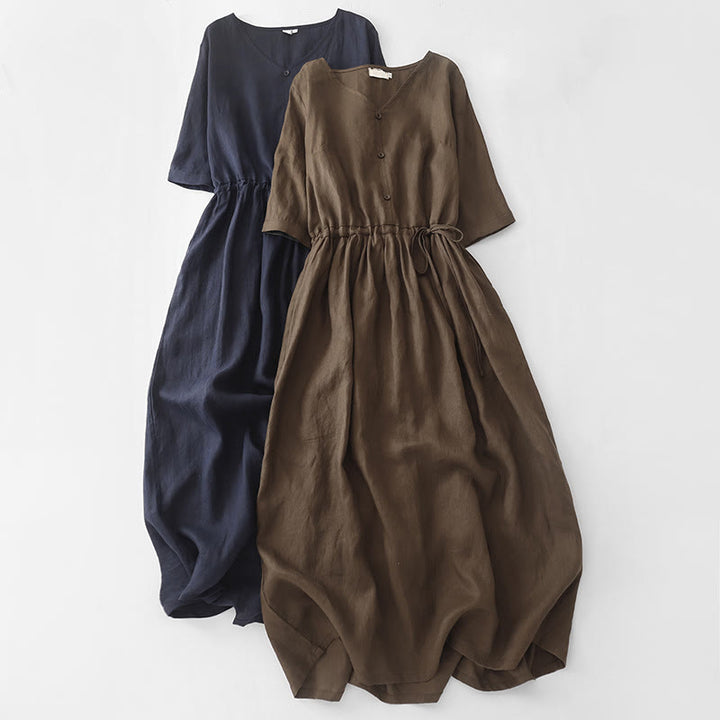 Buddha Stonesヴィンテージ カジュアル 無地 プリーツ ドローストリングデザイン 半袖 コットンリネン ミディドレス ポケット付き - image 17