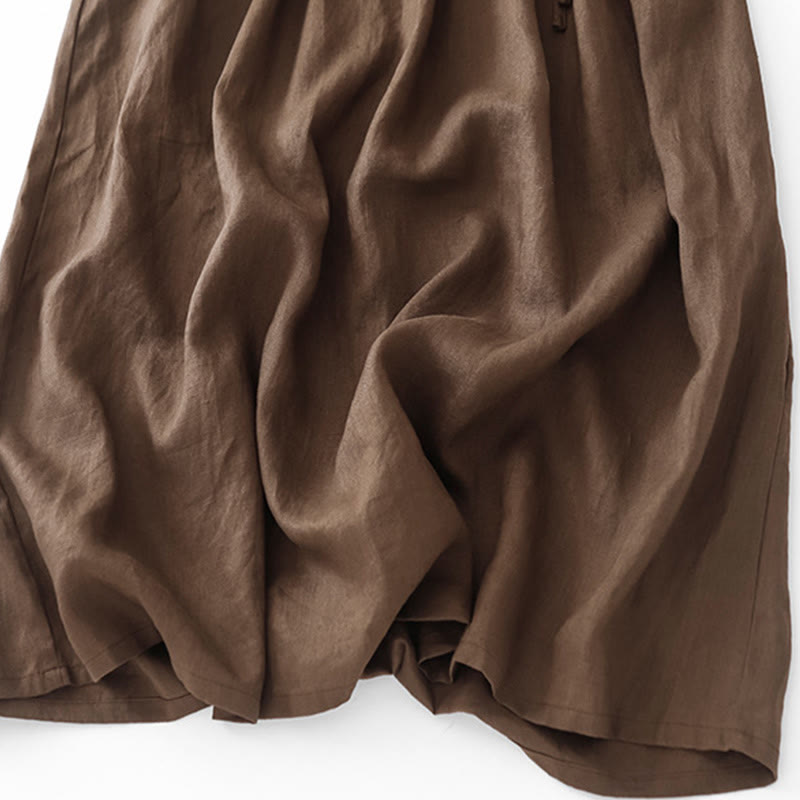 Buddha Stonesヴィンテージ カジュアル 無地 プリーツ ドローストリングデザイン 半袖 コットンリネン ミディドレス ポケット付き - image 9