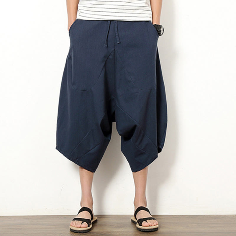Buddha Stones春 無地 シンプル パッチワークデザイン ドローストリング コットンリネン メンズ 7-8丈 ワイドレッグパンツ ポケット付き - image 1