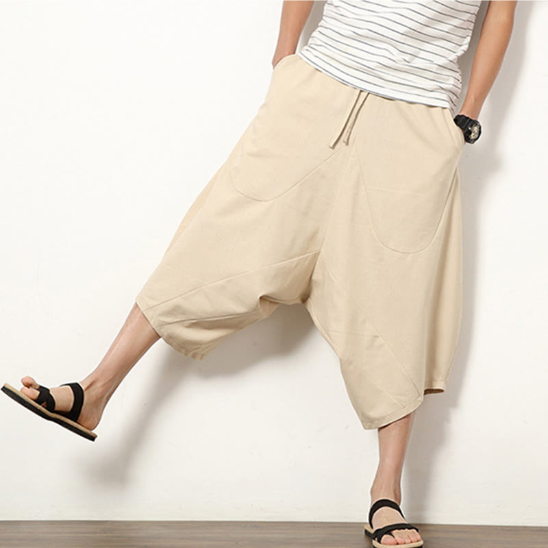 Buddha Stones春 無地 シンプル パッチワークデザイン ドローストリング コットンリネン メンズ 7-8丈 ワイドレッグパンツ ポケット付き - image 8