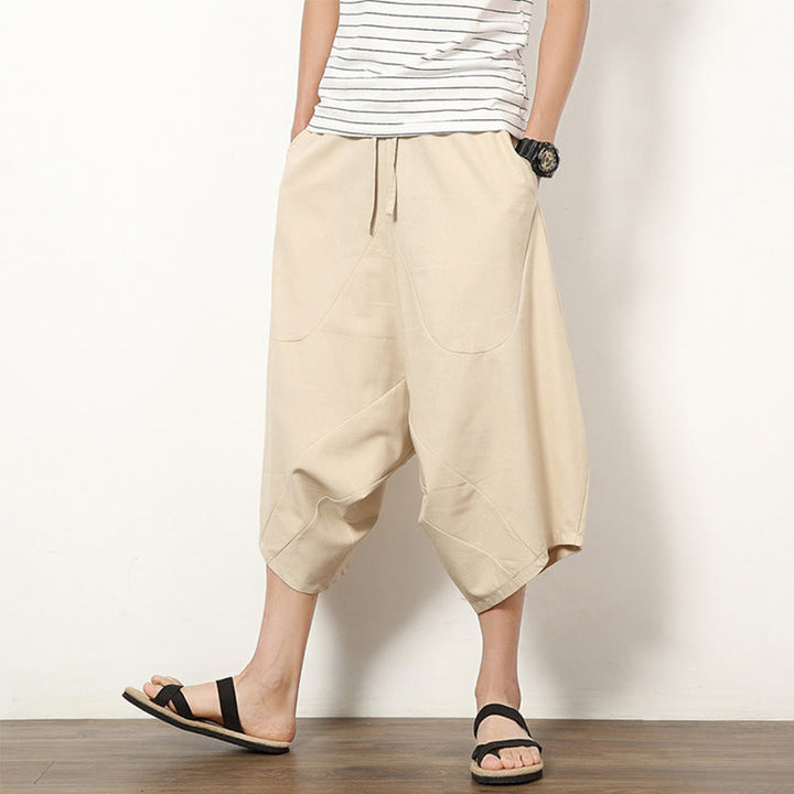 Buddha Stones春 無地 シンプル パッチワークデザイン ドローストリング コットンリネン メンズ 7-8丈 ワイドレッグパンツ ポケット付き - ベージュ - US/UK/AU46、 EU56 (5XL) - image 6