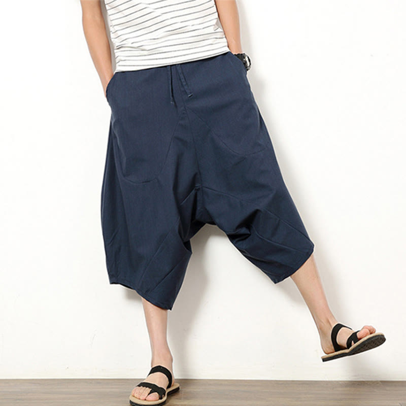Buddha Stones春 無地 シンプル パッチワークデザイン ドローストリング コットンリネン メンズ 7-8丈 ワイドレッグパンツ ポケット付き - image 4