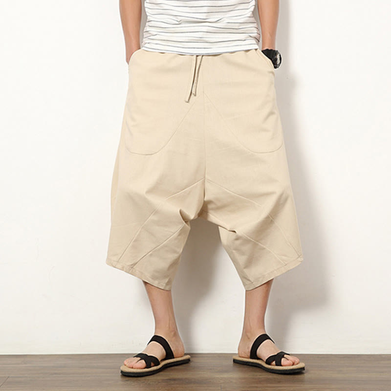 Buddha Stones春 無地 シンプル パッチワークデザイン ドローストリング コットンリネン メンズ 7-8丈 ワイドレッグパンツ ポケット付き - image 7