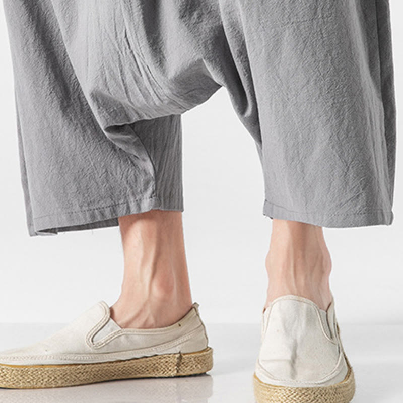 Buddha Stonesカジュアル ロークロッチデザイン ドローストリング メンズ 7-8丈 コットンリネン ワイドレッグパンツ ポケット付き - image 28