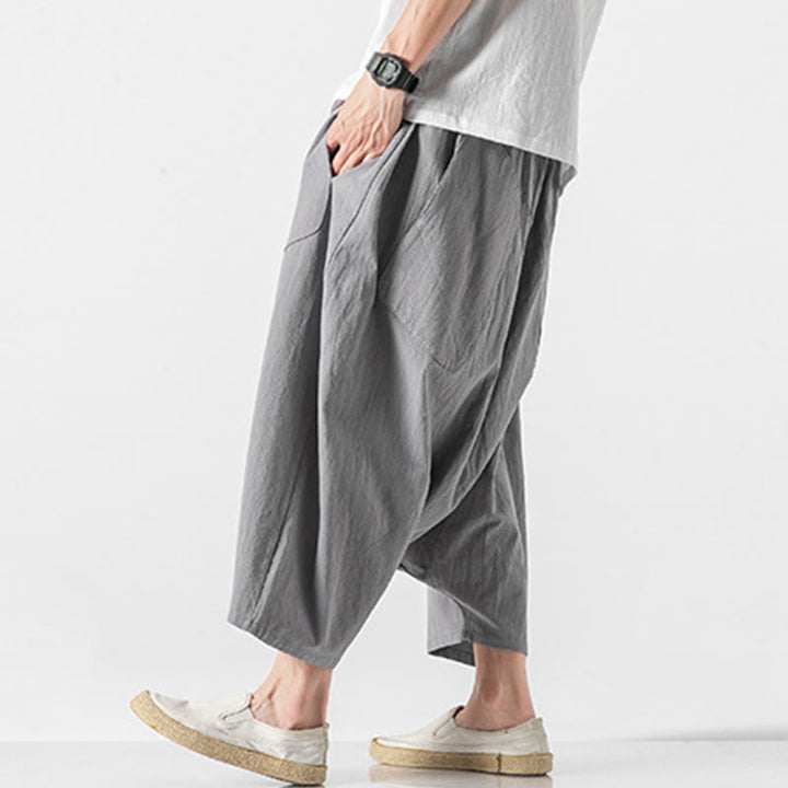 Buddha Stonesカジュアル ロークロッチデザイン ドローストリング メンズ 7-8丈 コットンリネン ワイドレッグパンツ ポケット付き - image 19