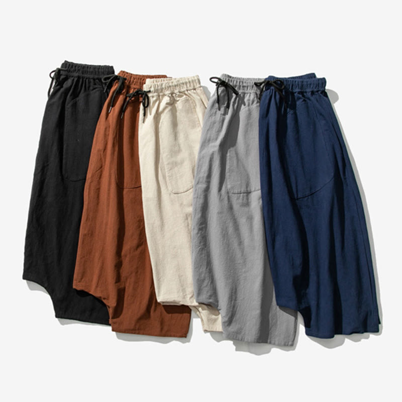 Buddha Stonesカジュアル ロークロッチデザイン ドローストリング メンズ 7-8丈 コットンリネン ワイドレッグパンツ ポケット付き - image 43