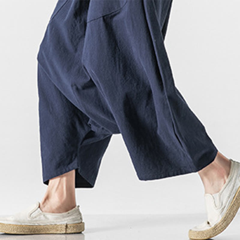 Buddha Stonesカジュアル ロークロッチデザイン ドローストリング メンズ 7-8丈 コットンリネン ワイドレッグパンツ ポケット付き - image 8