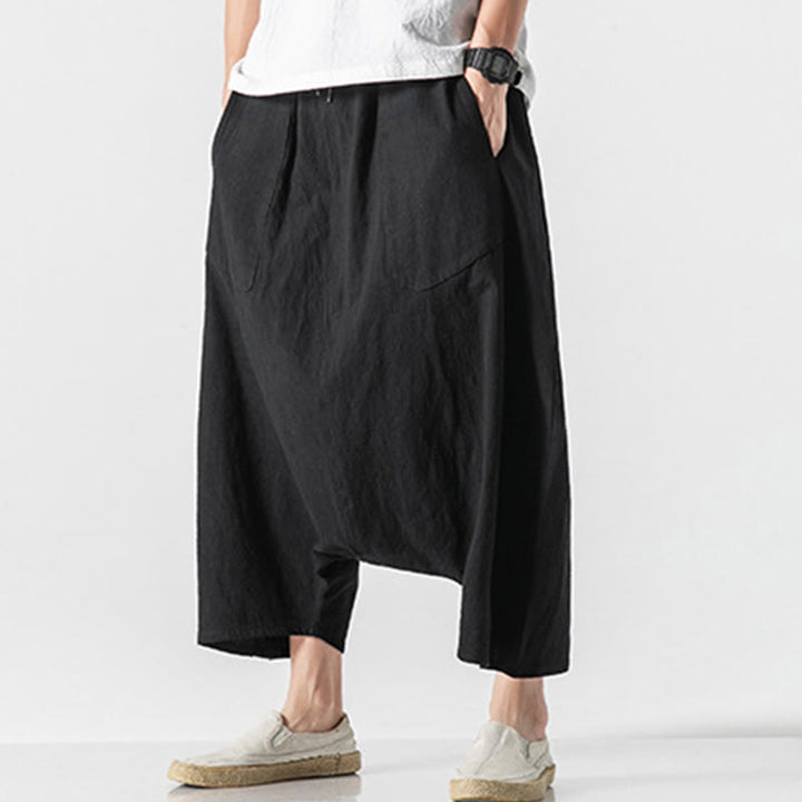 Buddha Stonesカジュアル ロークロッチデザイン ドローストリング メンズ 7-8丈 コットンリネン ワイドレッグパンツ ポケット付き - image 30