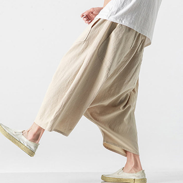 Buddha Stonesカジュアル ロークロッチデザイン ドローストリング メンズ 7-8丈 コットンリネン ワイドレッグパンツ ポケット付き - image 41