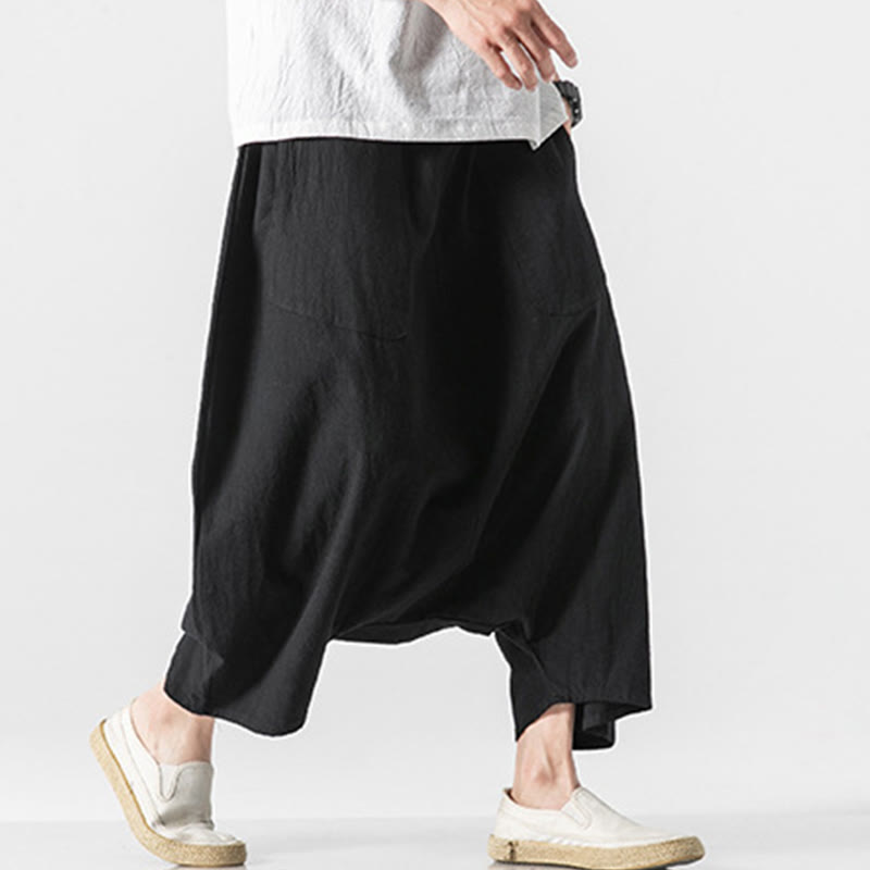 Buddha Stonesカジュアル ロークロッチデザイン ドローストリング メンズ 7-8丈 コットンリネン ワイドレッグパンツ ポケット付き - image 32