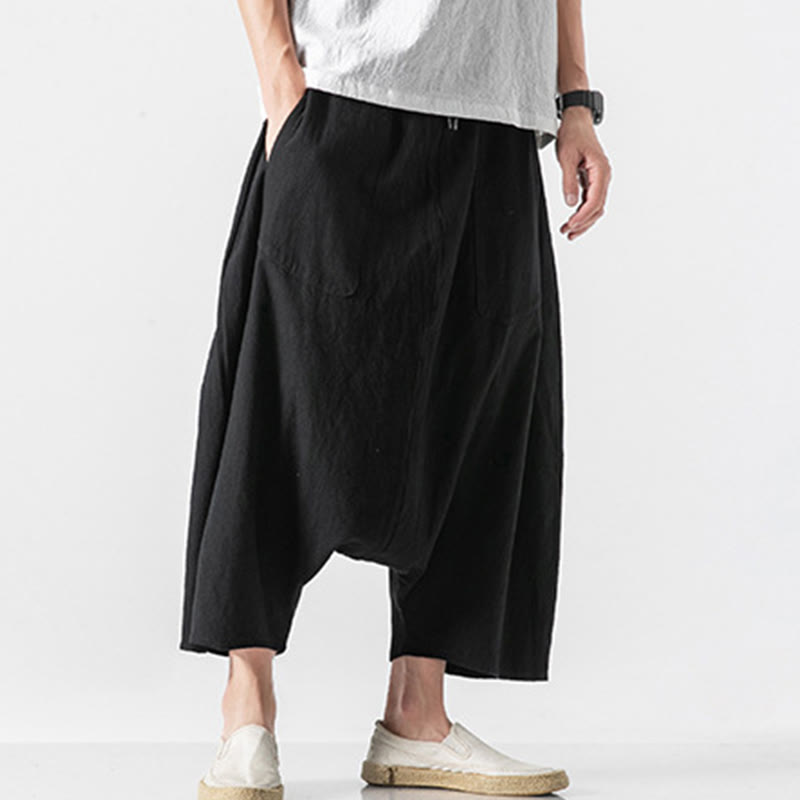 Buddha Stonesカジュアル ロークロッチデザイン ドローストリング メンズ 7-8丈 コットンリネン ワイドレッグパンツ ポケット付き - image 34