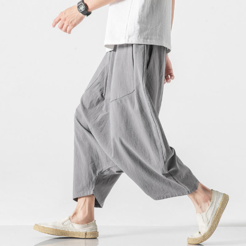 Buddha Stonesカジュアル ロークロッチデザイン ドローストリング メンズ 7-8丈 コットンリネン ワイドレッグパンツ ポケット付き - image 23