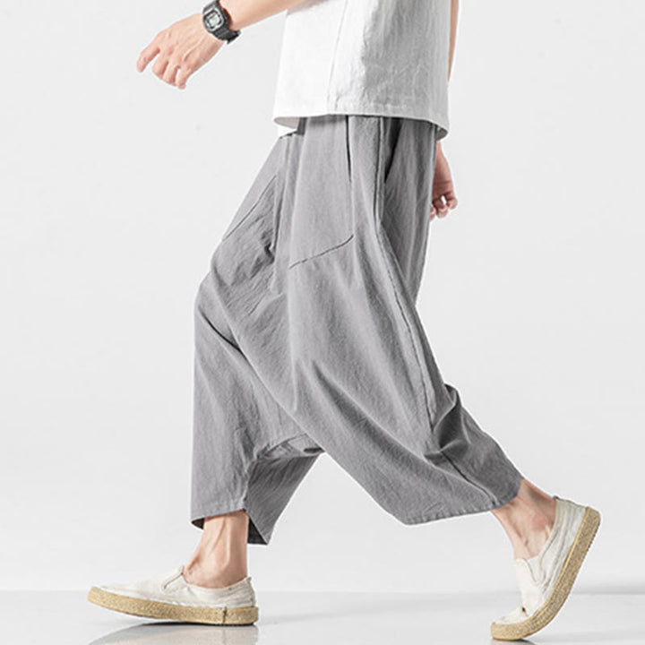 Buddha Stonesカジュアル ロークロッチデザイン ドローストリング メンズ 7-8丈 コットンリネン ワイドレッグパンツ ポケット付き - image 23