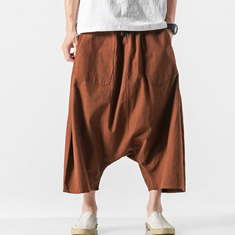 Buddha Stonesカジュアル ロークロッチデザイン ドローストリング メンズ 7-8丈 ワイドレッグパンツ ポケット付き - チョコレート - US/UK/AU46、 EU56 (5XL) - image 9