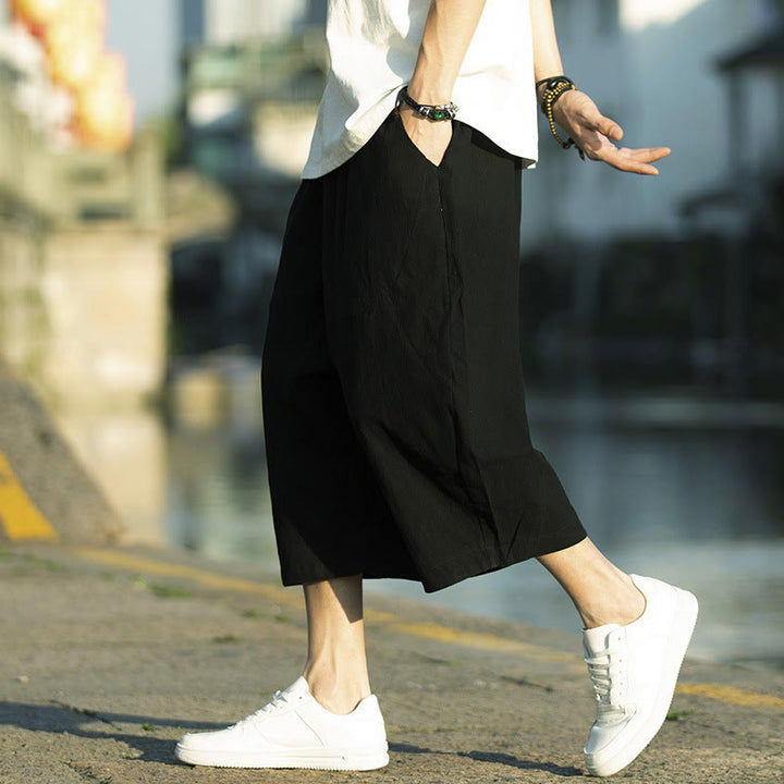 Buddha Stonesサマープレーンプリーツデザイン ドローストリング メンズ 7-8丈 パンツ ポケット付き - 黒 - US/UK/AU46、 EU56 (5XL) - image 4