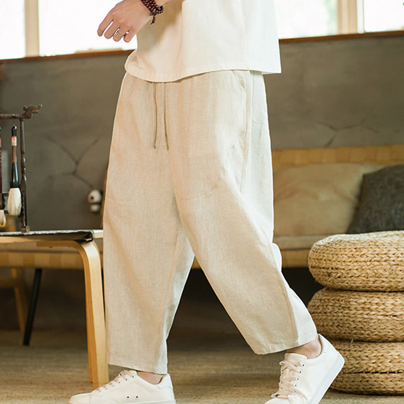 Buddha Stonesカジュアル レトロ 無地 シンプルデザイン ドローストリング付き メンズ 伸縮性ウエストバンド ハーレムパンツ ポケット付き - ベージュ - US/UK/AU46、 EU56 (5XL) - image 0