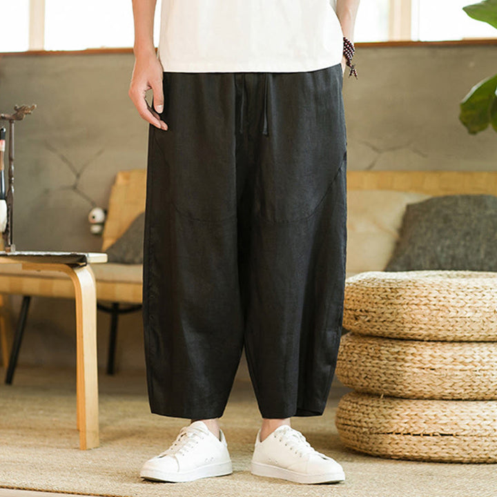 Buddha Stonesカジュアル レトロ 無地 シンプルデザイン ドローストリング メンズ リネン 伸縮性ウエストバンド ハーレムパンツ ポケット付き - image 13